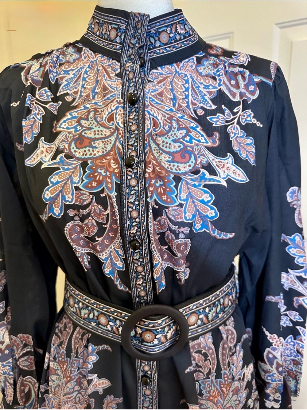 Black Paisley-Print Long Sleeve Belted Dress